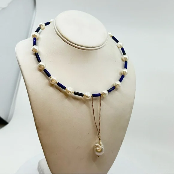 C106 New Handmade Natural Freshwater Pearl and Lapis Lazuli Choker - Picture 12 of 14